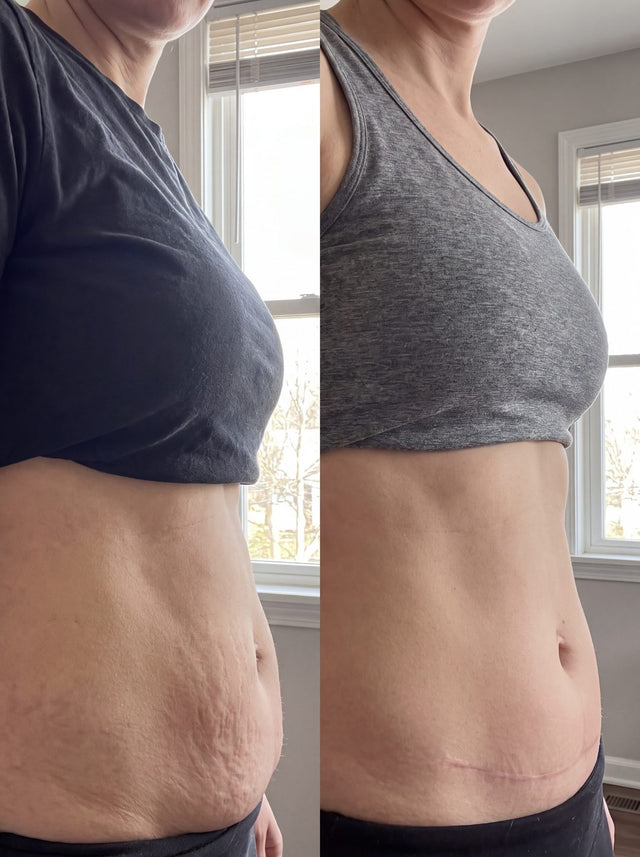 Before and after with Nova — Tummy-tuck swelling settling — softer through the middle.