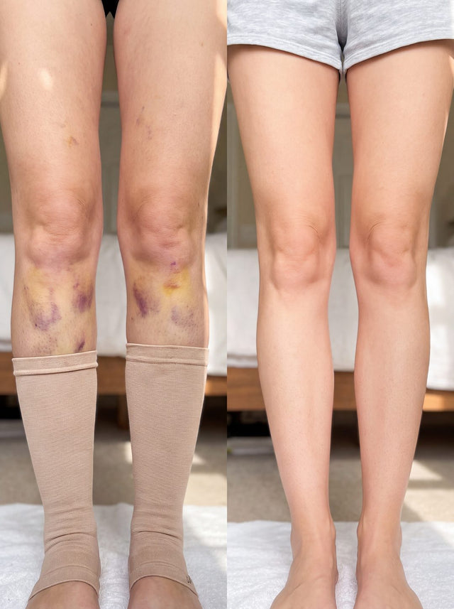 Before and after with Nova — Calf and ankle bruising faded — visibly less swollen.