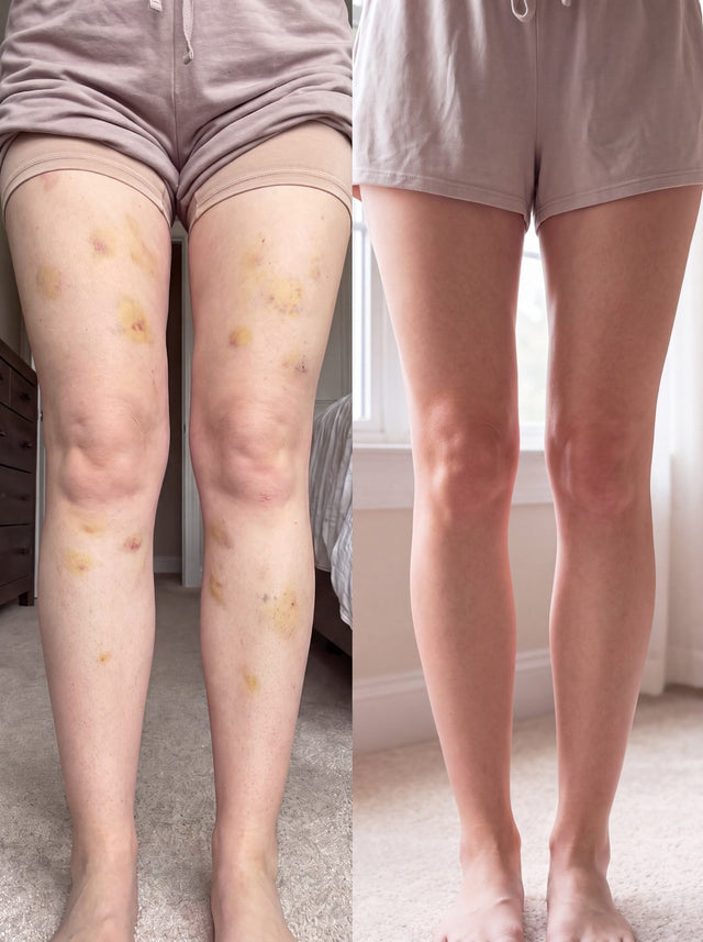 Before and after with Nova — Thigh bruising faded, legs visibly lighter.