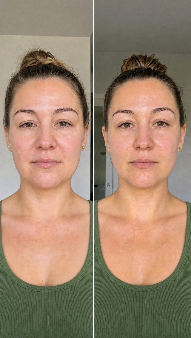 Before and after — Jawline back by morning — puffiness visibly down.